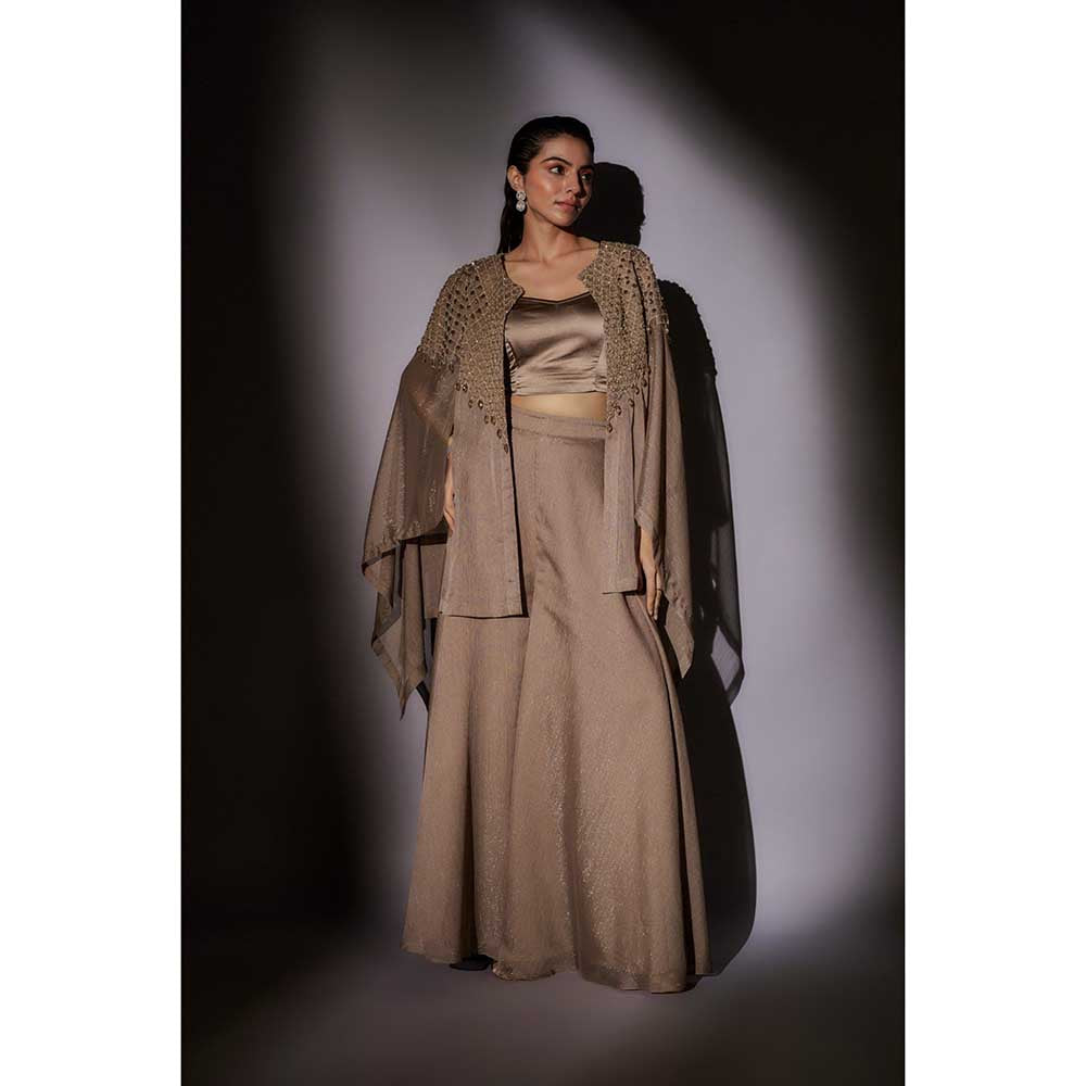 Ajiesh Oberoi Beige Hand Embroidered Cape with Bustier and Palazzo (Set of 3)