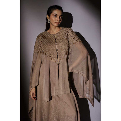 Ajiesh Oberoi Beige Hand Embroidered Cape with Bustier and Palazzo (Set of 3)