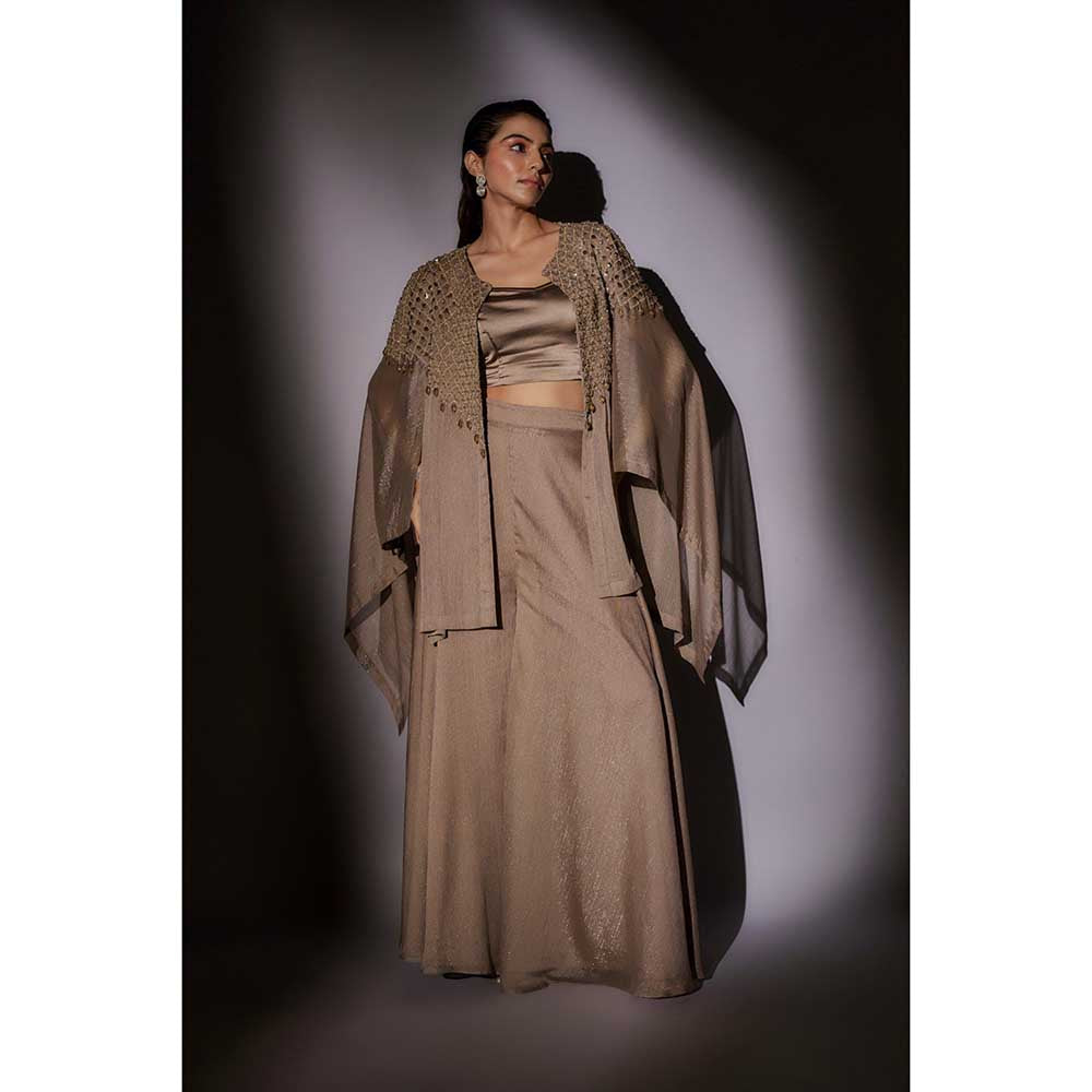 Ajiesh Oberoi Beige Hand Embroidered Cape with Bustier and Palazzo (Set of 3)