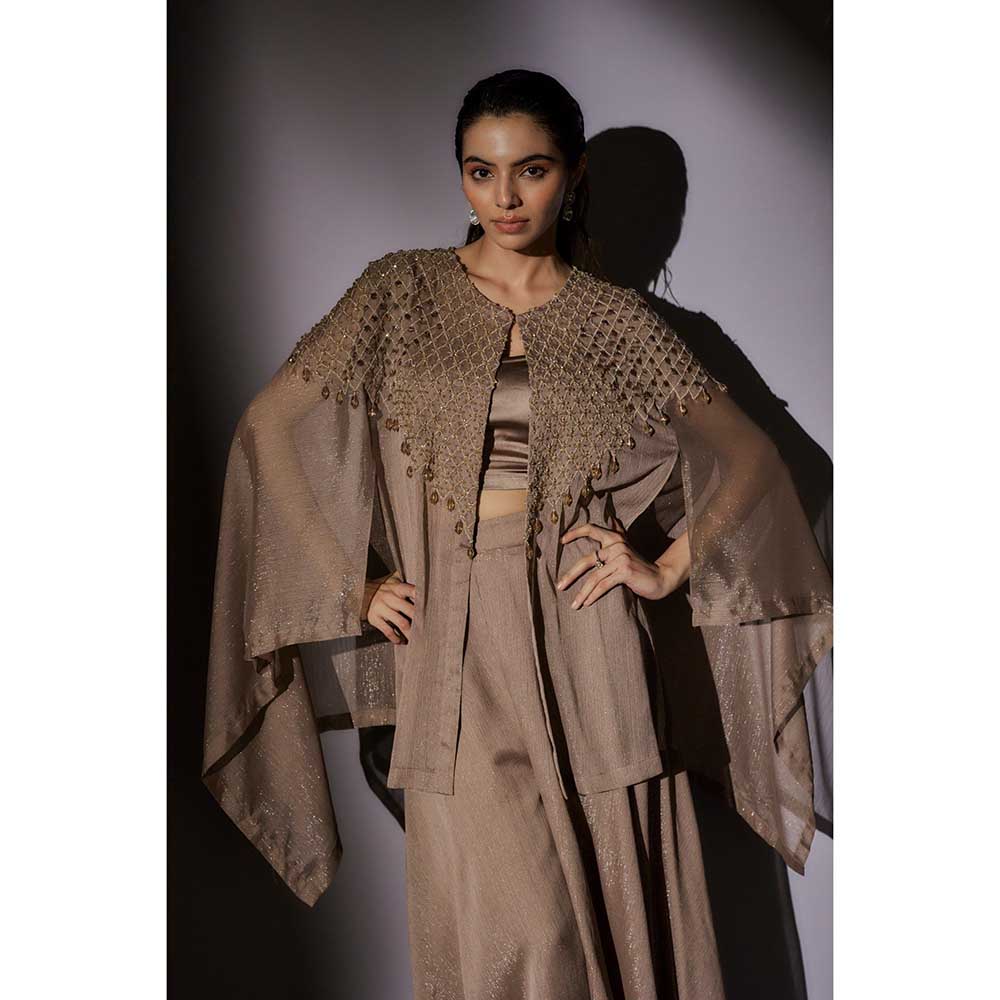Ajiesh Oberoi Beige Hand Embroidered Cape with Bustier and Palazzo (Set of 3)
