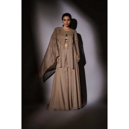 Ajiesh Oberoi Beige Hand Embroidered Cape with Bustier and Palazzo (Set of 3)