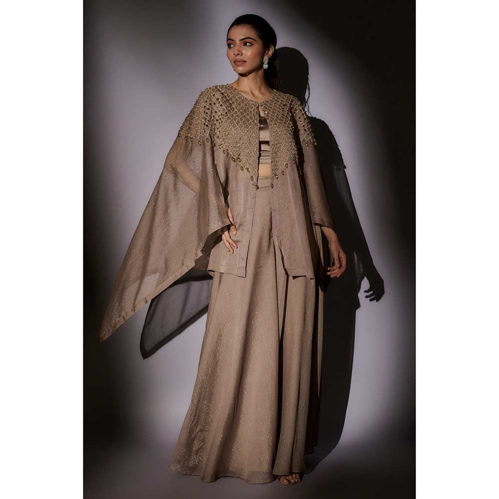 Ajiesh Oberoi Beige Hand Embroidered Cape with Bustier and Palazzo (Set of 3)