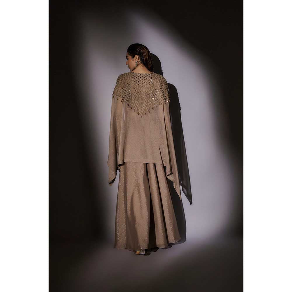 Ajiesh Oberoi Beige Hand Embroidered Cape with Bustier and Palazzo (Set of 3)