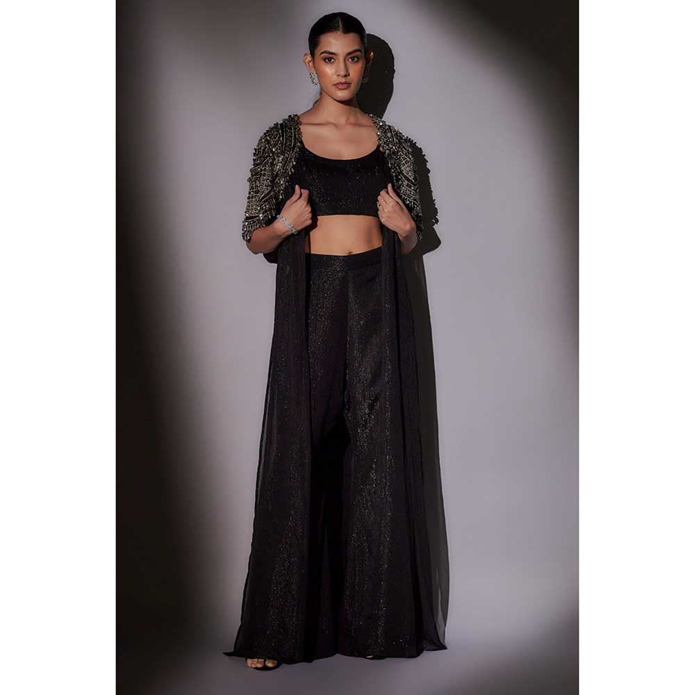 Ajiesh Oberoi Black Hand Embroidered Cape with Bustier and Pant (Set of 3)