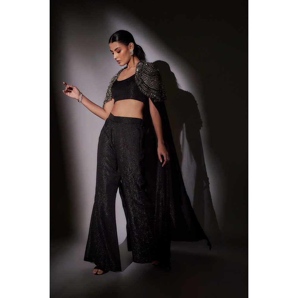 Ajiesh Oberoi Black Hand Embroidered Cape with Bustier and Pant (Set of 3)
