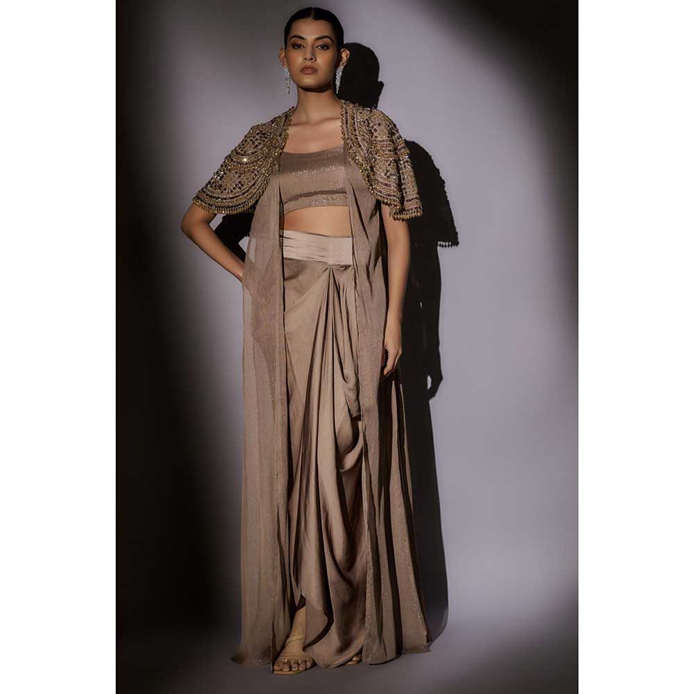 Ajiesh Oberoi Beige Heavy Hand Embroidered Cape with Bustier and Skirt (Set of 3)