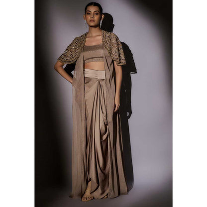 Ajiesh Oberoi Beige Heavy Hand Embroidered Cape with Bustier and Skirt (Set of 3)