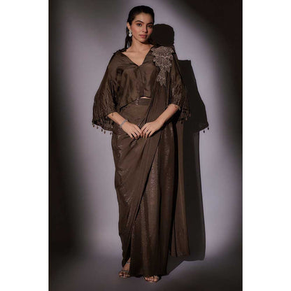 Ajiesh Oberoi Brown Richa Bohemian Inspired Pre Draped Saree with Stitched Blouse