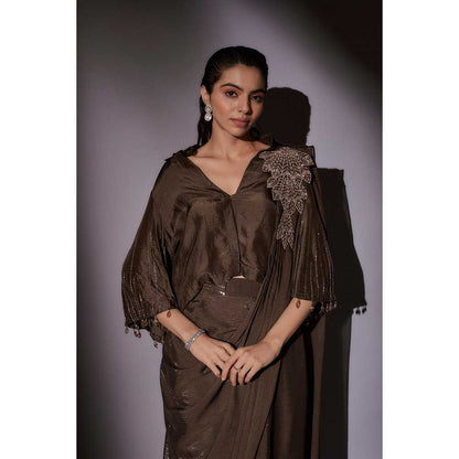 Ajiesh Oberoi Brown Richa Bohemian Inspired Pre Draped Saree with Stitched Blouse