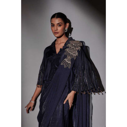 Ajiesh Oberoi Navy Blue Richa Bohemian Inspired Pre Draped Saree with Stitched Blouse