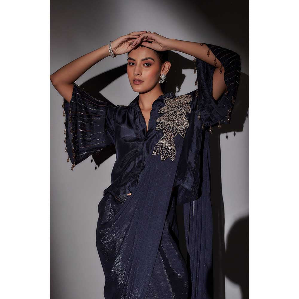 Ajiesh Oberoi Navy Blue Richa Bohemian Inspired Pre Draped Saree with Stitched Blouse