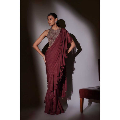 Ajiesh Oberoi White Sana Leaf Embroidery Frill Pre Draped Saree with Stitched Blouse