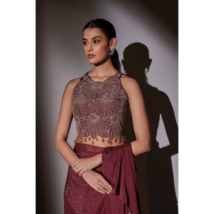 Ajiesh Oberoi White Sana Leaf Embroidery Frill Pre Draped Saree with Stitched Blouse