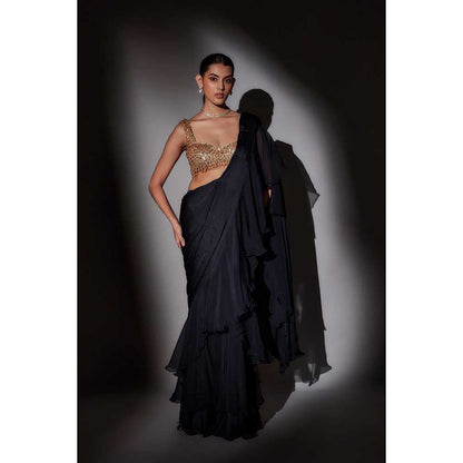 Ajiesh Oberoi Black Shaina Frill Pre Draped Saree with Stitched Blouse