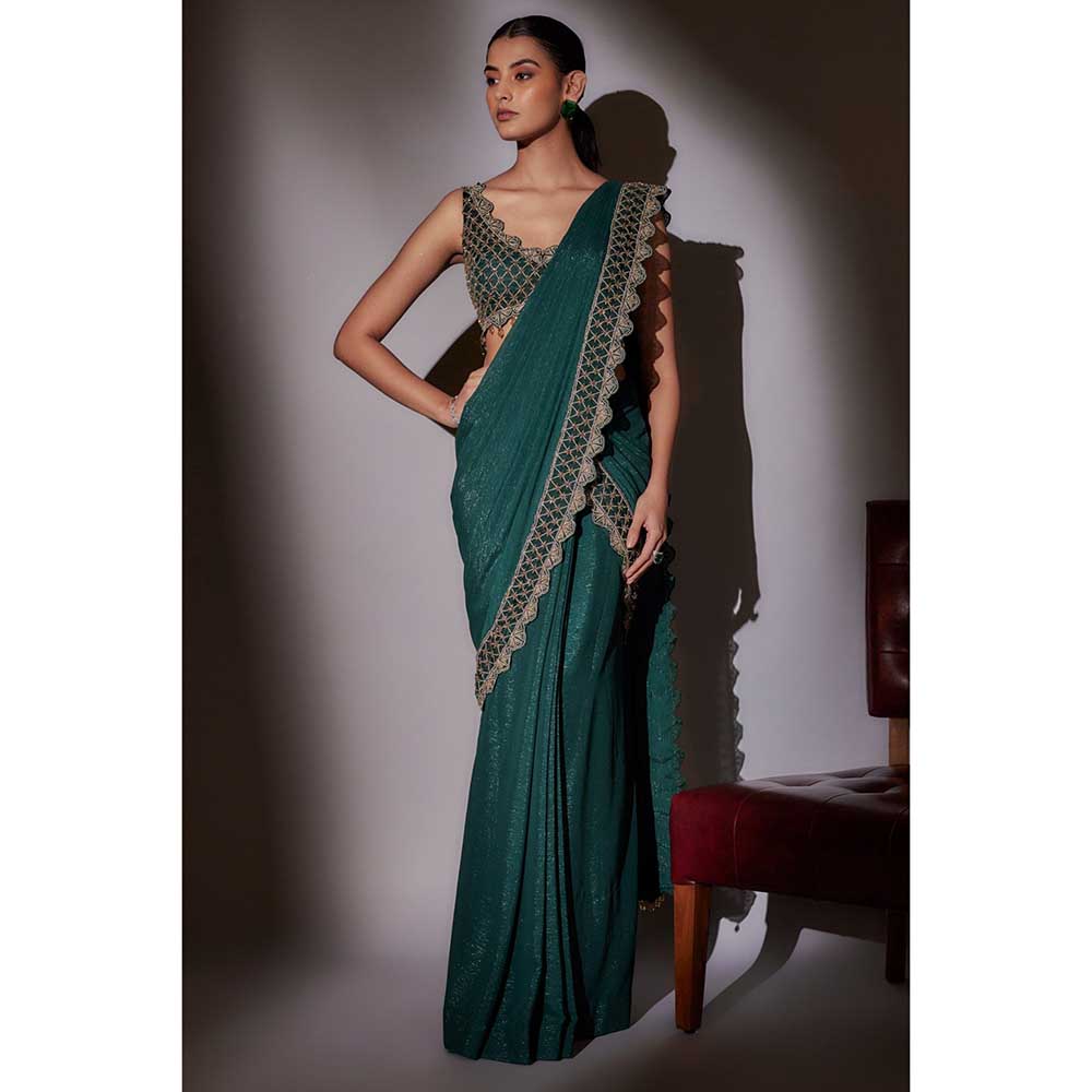 Ajiesh Oberoi Green Rose Heavy Hand Embroidered Pre Draped Saree with Stitched Blouse