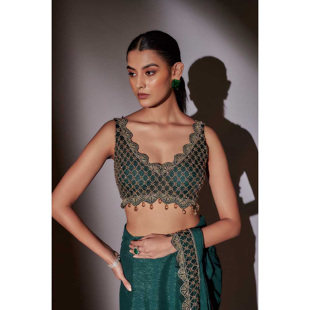 Ajiesh Oberoi Green Rose Heavy Hand Embroidered Pre Draped Saree with Stitched Blouse