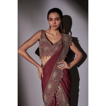 Ajiesh Oberoi Maroon Sarah Heavy Leaf Hand Embroidered Pre Draped Saree with Stitched Blouse