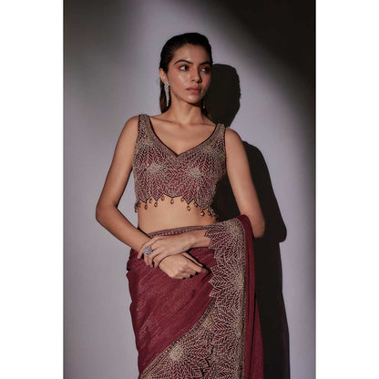 Ajiesh Oberoi Maroon Sarah Heavy Leaf Hand Embroidered Pre Draped Saree with Stitched Blouse