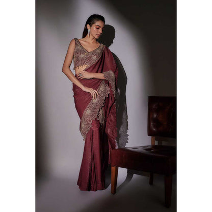 Ajiesh Oberoi Maroon Sarah Heavy Leaf Hand Embroidered Pre Draped Saree with Stitched Blouse