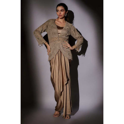 Ajiesh Oberoi Beige Embroider Jacket with Bustier and Skirt (Set of 3)