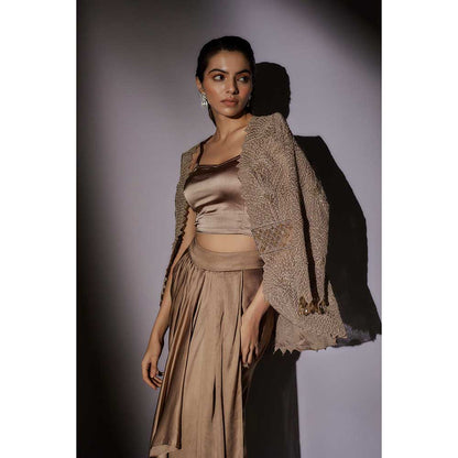 Ajiesh Oberoi Beige Embroider Jacket with Bustier and Skirt (Set of 3)