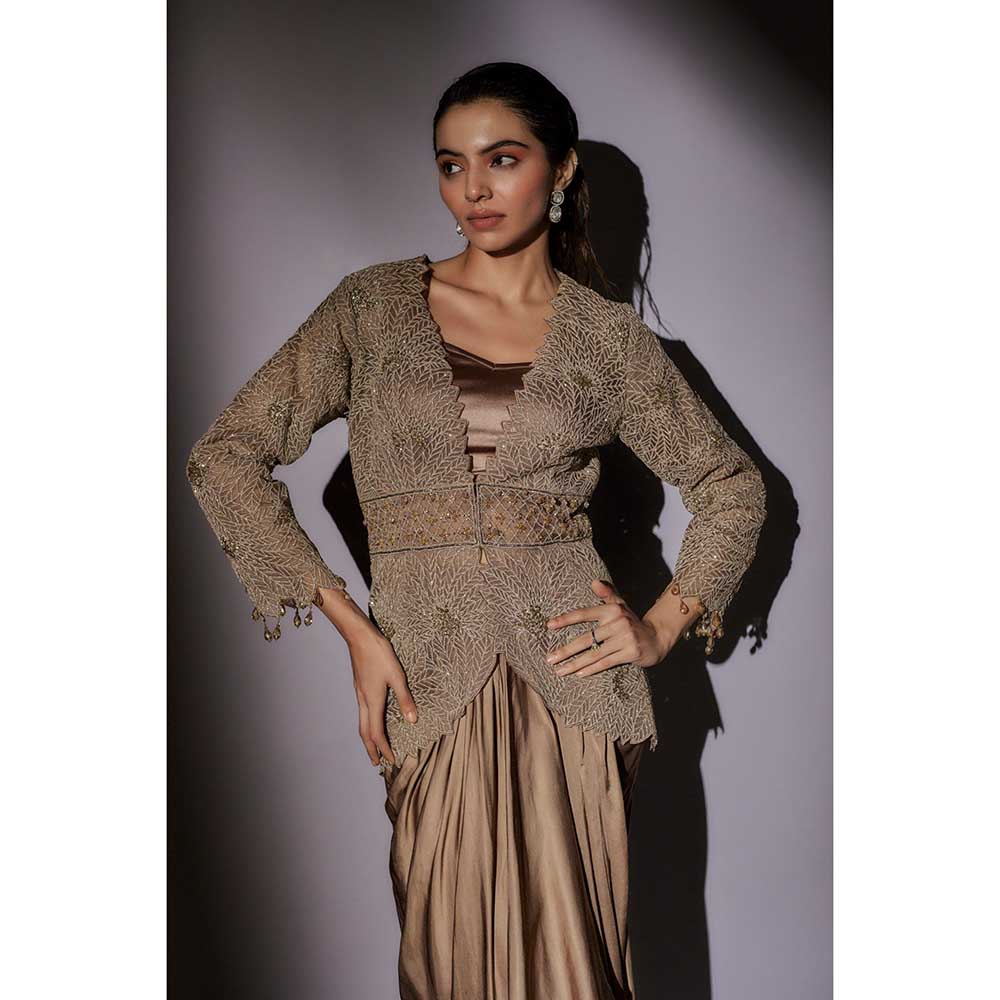 Ajiesh Oberoi Beige Embroider Jacket with Bustier and Skirt (Set of 3)