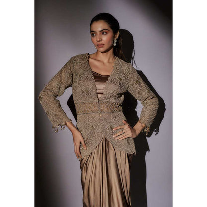 Ajiesh Oberoi Beige Embroider Jacket with Bustier and Skirt (Set of 3)