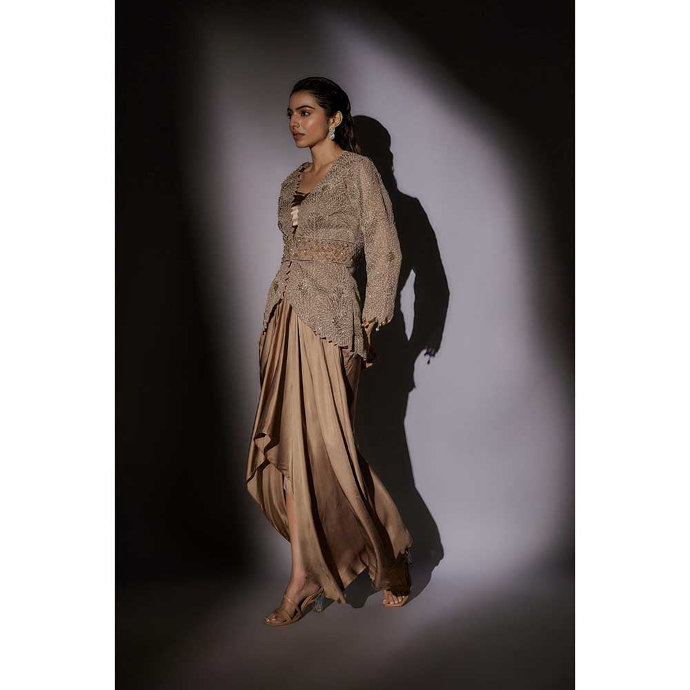 Ajiesh Oberoi Beige Embroider Jacket with Bustier and Skirt (Set of 3)