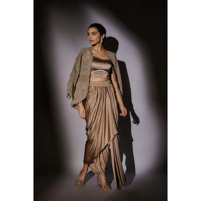 Ajiesh Oberoi Beige Embroider Jacket with Bustier and Skirt (Set of 3)