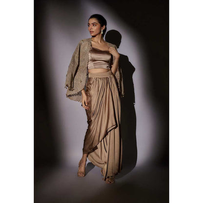 Ajiesh Oberoi Beige Embroider Jacket with Bustier and Skirt (Set of 3)