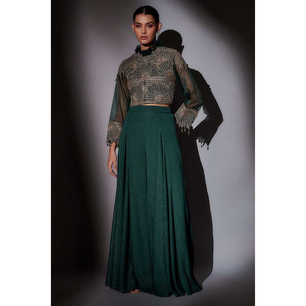Ajiesh Oberoi Green Crop Jacket with Bustier and Flared Palazzo (Set of 3)