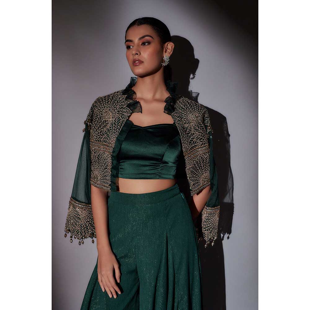 Ajiesh Oberoi Green Crop Jacket with Bustier and Flared Palazzo (Set of 3)