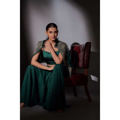 Ajiesh Oberoi Green Crop Jacket with Bustier and Flared Palazzo (Set of 3)