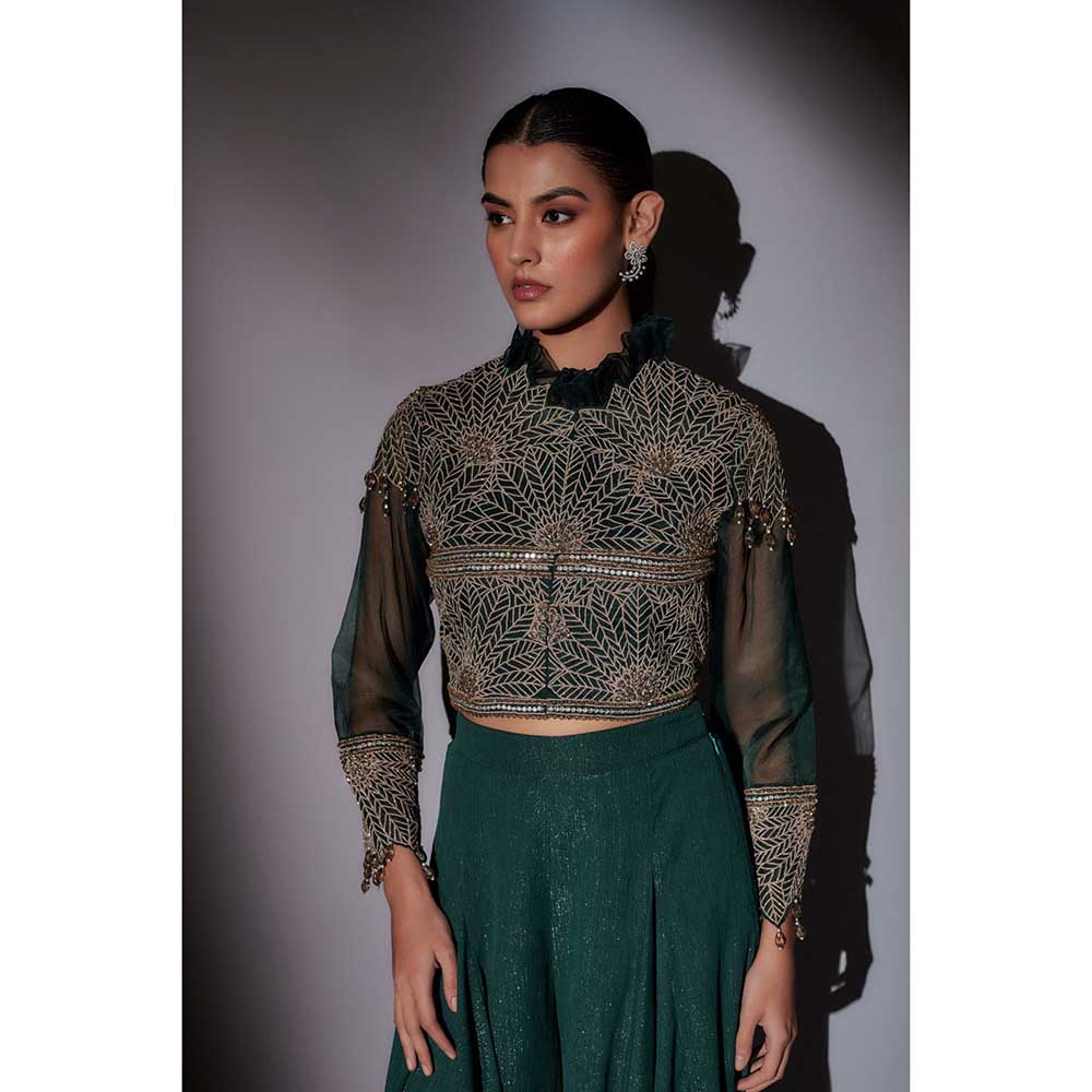 Ajiesh Oberoi Green Crop Jacket with Bustier and Flared Palazzo (Set of 3)