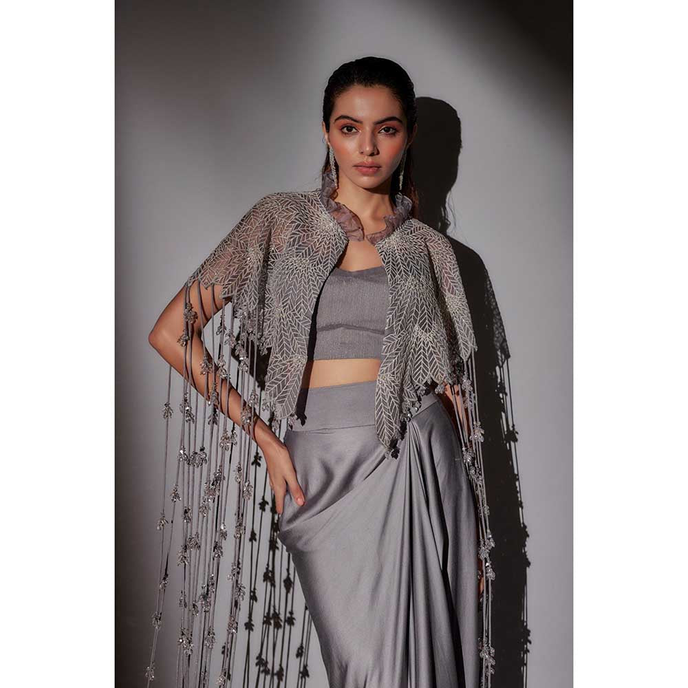 Ajiesh Oberoi Grey Begum Crystal Bustier with Cape and Skirt (Set of 3)