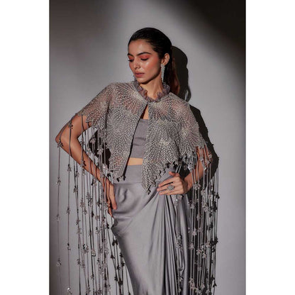 Ajiesh Oberoi Grey Begum Crystal Bustier with Cape and Skirt (Set of 3)