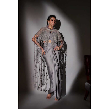 Ajiesh Oberoi Grey Begum Crystal Bustier with Cape and Skirt (Set of 3)