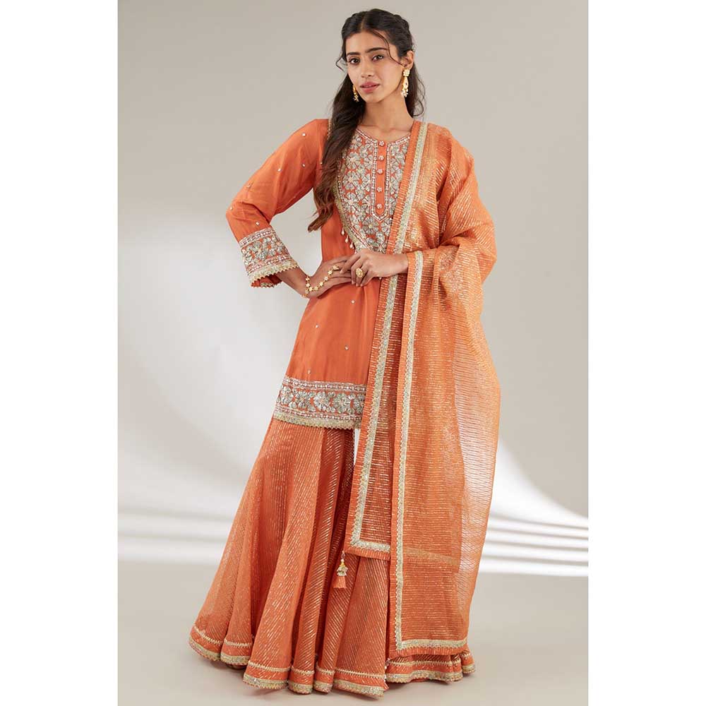 Ajiesh Oberoi Orange Embroidered Short Kurta with Sharara and Dupatta (Set of 3)