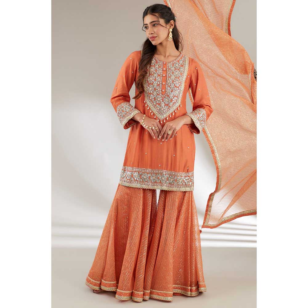Ajiesh Oberoi Orange Embroidered Short Kurta with Sharara and Dupatta (Set of 3)