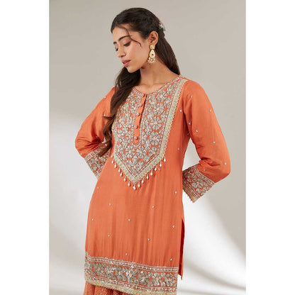 Ajiesh Oberoi Orange Embroidered Short Kurta with Sharara and Dupatta (Set of 3)
