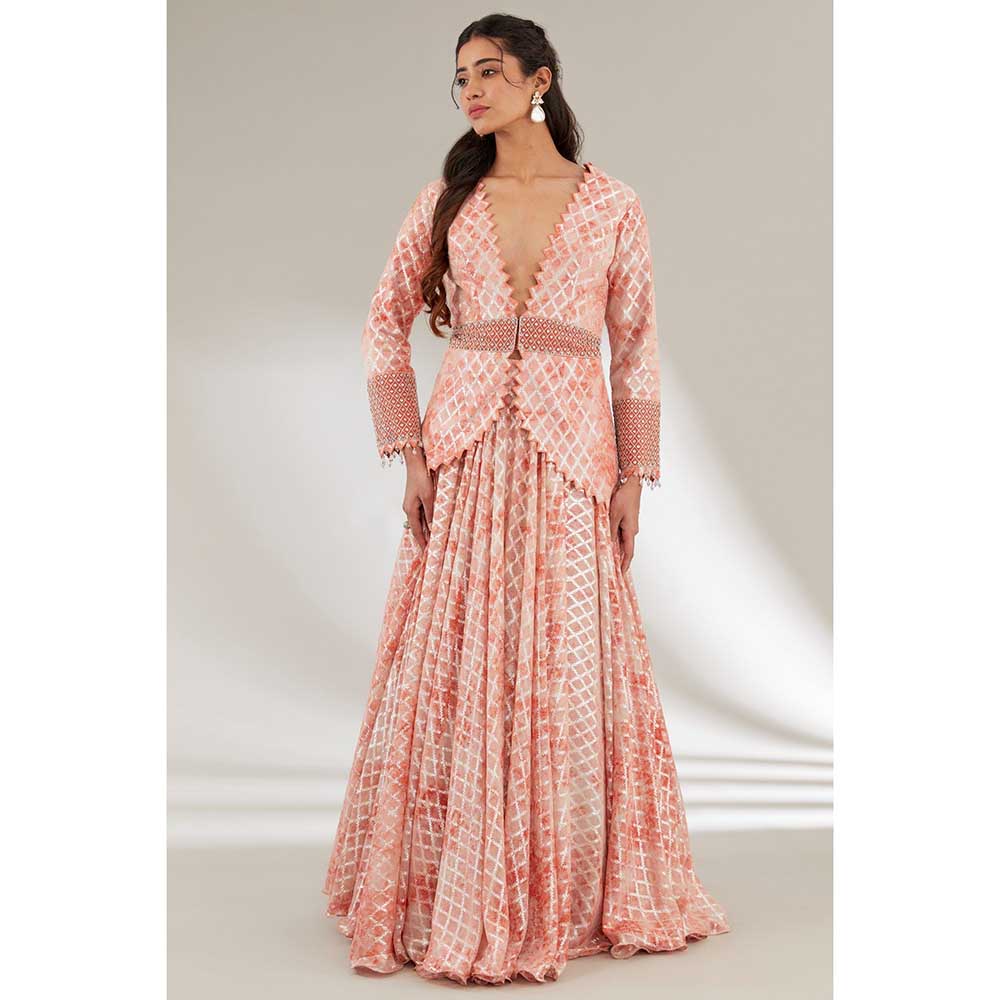 Ajiesh Oberoi Peach Embroidered Waist Band and Cuffs Jacket with Skirt (Set of 2)