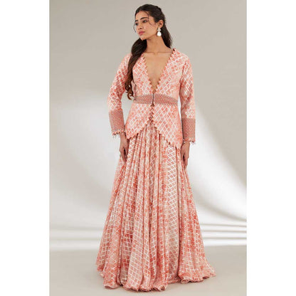 Ajiesh Oberoi Peach Embroidered Waist Band and Cuffs Jacket with Skirt (Set of 2)