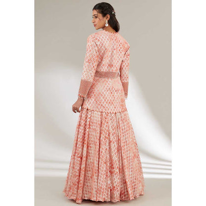 Ajiesh Oberoi Peach Embroidered Waist Band and Cuffs Jacket with Skirt (Set of 2)