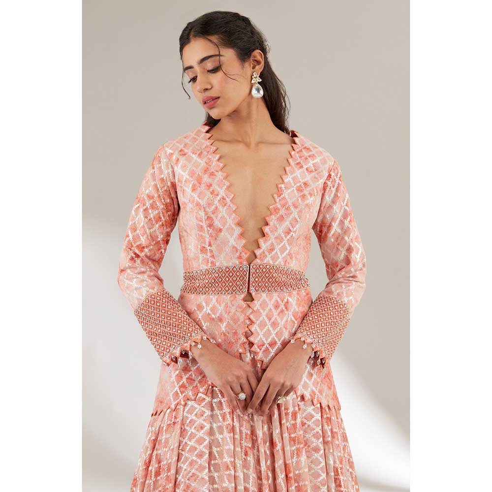 Ajiesh Oberoi Peach Embroidered Waist Band and Cuffs Jacket with Skirt (Set of 2)
