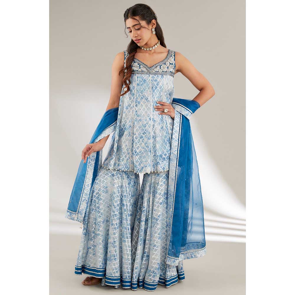 Ajiesh Oberoi Blue Peplum Style Short Kurta with Sharara and Dupatta (Set of 3)
