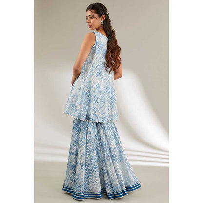 Ajiesh Oberoi Blue Peplum Style Short Kurta with Sharara and Dupatta (Set of 3)