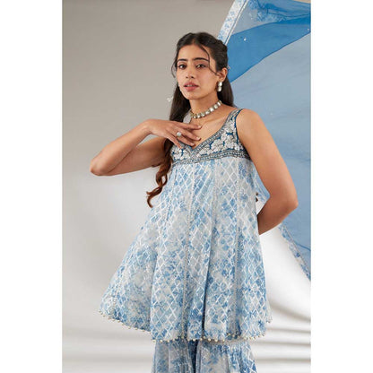 Ajiesh Oberoi Blue Peplum Style Short Kurta with Sharara and Dupatta (Set of 3)