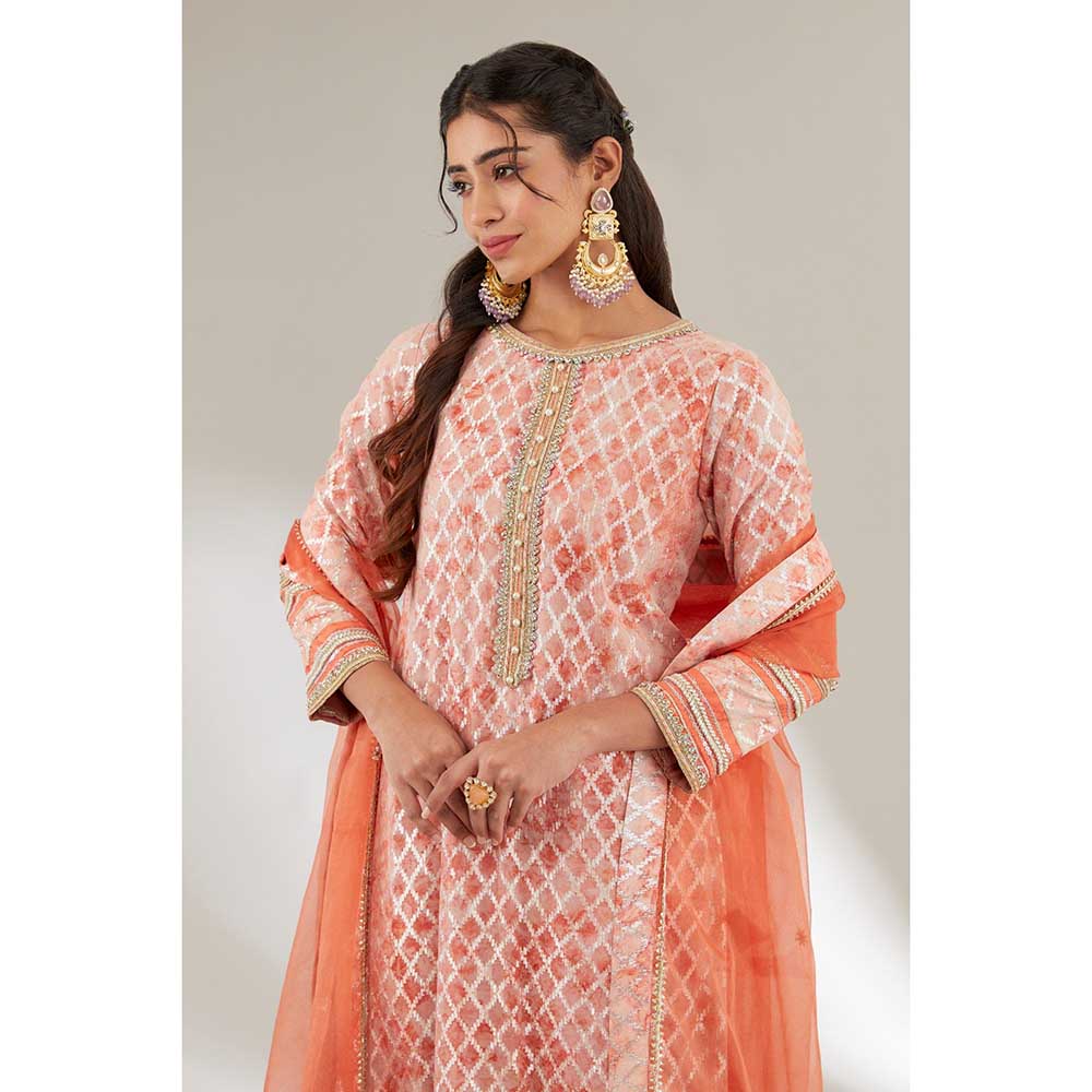 Ajiesh Oberoi Orange Embroidered Kurta with Palazzo and Dupatta (Set of 3)