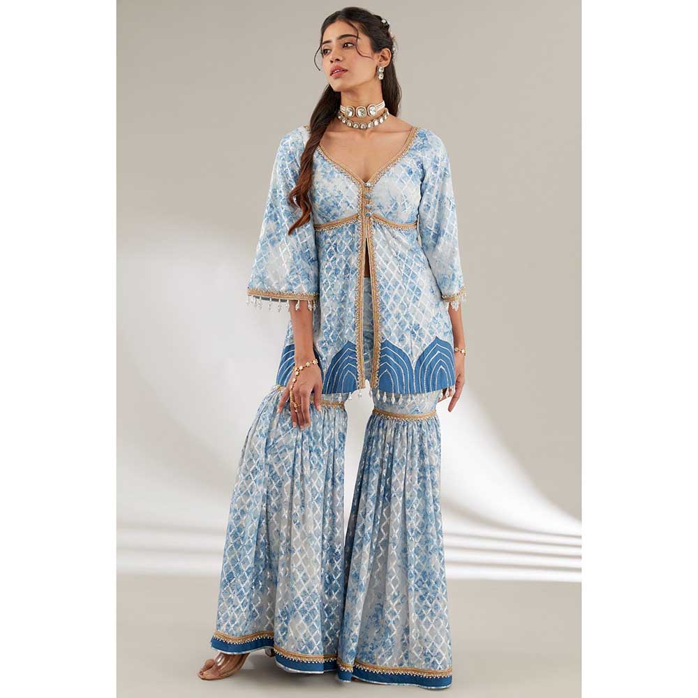 Ajiesh Oberoi Blue Front Cut Peplum Short Kurta with Flared Sharara (Set of 2)