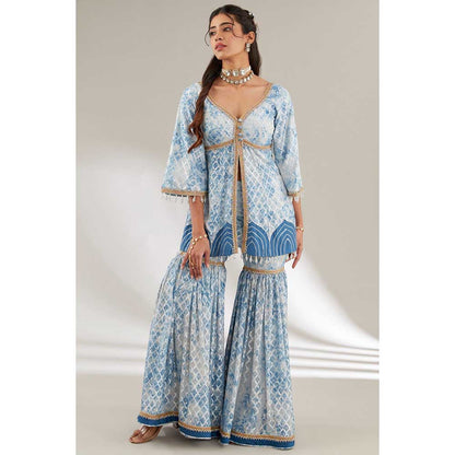 Ajiesh Oberoi Blue Front Cut Peplum Short Kurta with Flared Sharara (Set of 2)